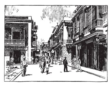 Bu resimde Street San Juan, vintage çizgi çizme veya oyma illüstrasyon sahnede temsil eder..