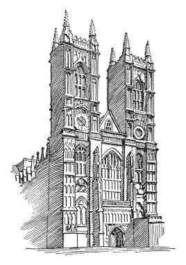 Westminster Abbey veya Gotik mimarisi, büyük kilise İngiltere, vintage çizgi çizme veya oyma illüstrasyon.