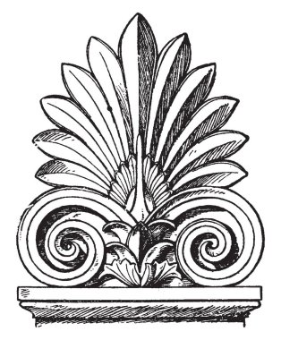 Yunanca mezar steli-Crest bir şeklidir akroter, apex, kenarlıklar, Gable, Sepulchral, stel-crest, pişmiş toprak, vintage çizgi çizme veya oyma illüstrasyon.