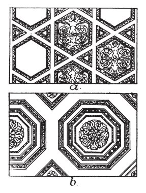 Roma tavan panelleri, mimari, bir kare şeklinde, sekizgen bir tavan, tavan veya kasa, vintage çizgi çizme veya oyma illüstrasyon dekorasyon olarak içinde bir sandık.