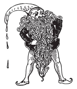 Bu resmi cüce uzun sakallı ve sivri şapka ve her iki el ile onun kalça, vintage çizgi çizme veya oyma illüstrasyon gösterir uzun sakallı ve şapkalı, cüce