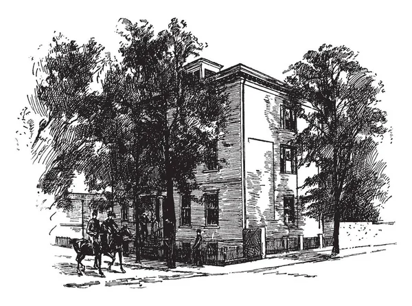 这张图片显示的是杰斐逊 戴维斯在里士满的家 这个家被树木吞没了 这房子有警戒线 两个马术家正从房子的前院经过 复古的线条画或雕刻插图 — 图库矢量图片