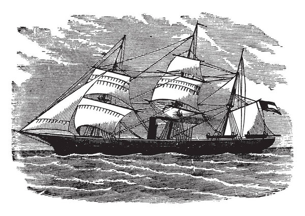 Privateer Ship Sumter is the Confederate privateer ship USS Sumter, vintage line drawing or engraving illustration.