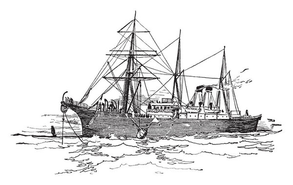 The Faraday Laying the Atlantic Cable ship built by the Siemens Brothers Company in 1874, vintage line drawing or engraving illustration.