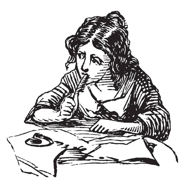 女孩写作或钢笔休息对她的脸 女作家 复古线画或雕刻插图 — 图库矢量图片