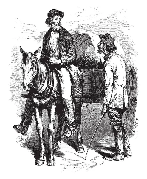 骑马的人骑着马车和另一个站在他旁边的男人说话 老式的线条画或雕刻插图 — 图库矢量图片