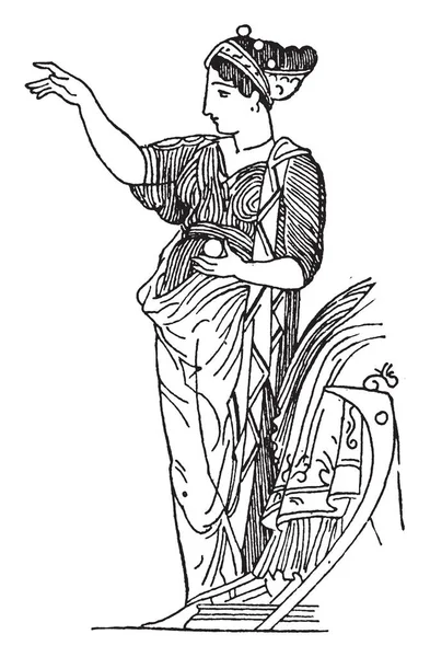 Diosa Sabiduría Atenea Sosteniendo Una Pelota Mano Izquierda Dibujo Línea — Vector de stock