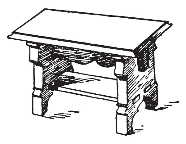 中世纪的长凳也可以用作桌子 有一个小的板连接腿的桌子 复古线画或雕刻插图 — 图库矢量图片