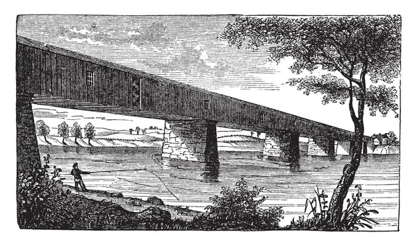 それは 1807 年にケンブリッジ ビンテージの線描画や彫刻イラストから分離前にオールストン ブライトンの名前をだった Mcconkey フェリーで橋 — ストックベクタ