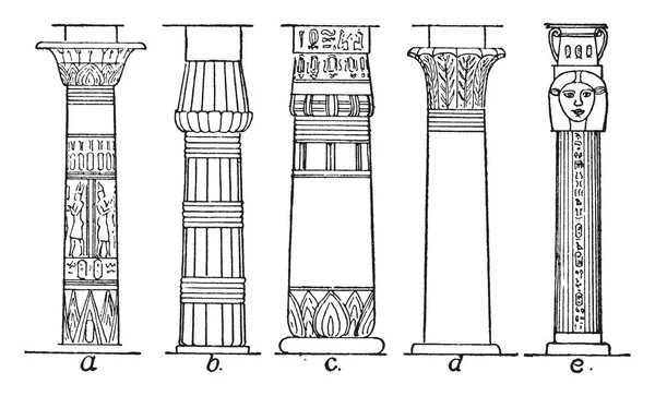 Türleri Sütun Pilon Destek Türleri Antik Mısır Vintage Çizgi Çizme — Stok Vektör