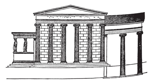 Эрехтеум, дом, храм ионического ордена, Акрополь Афин, самые оригинальные достижения, греческая архитектура, рисование винтажных линий или гравировка иллюстрации
.
