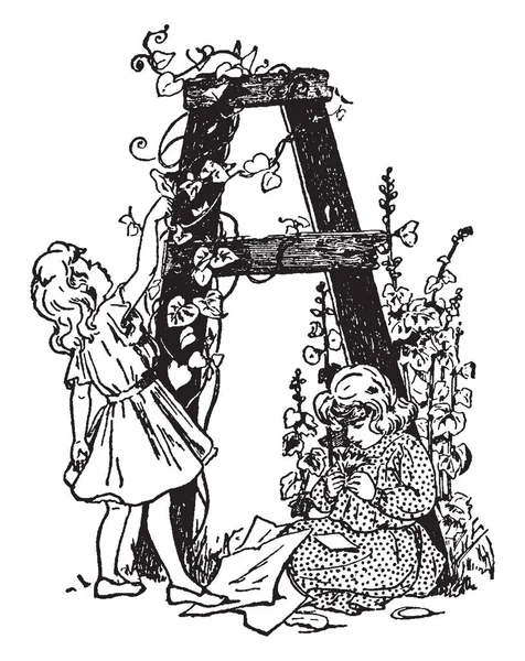 Velké Písmeno Obklopen Dvě Mladé Dívky Divokých Květin Vintage Kreslení — Stockový vektor