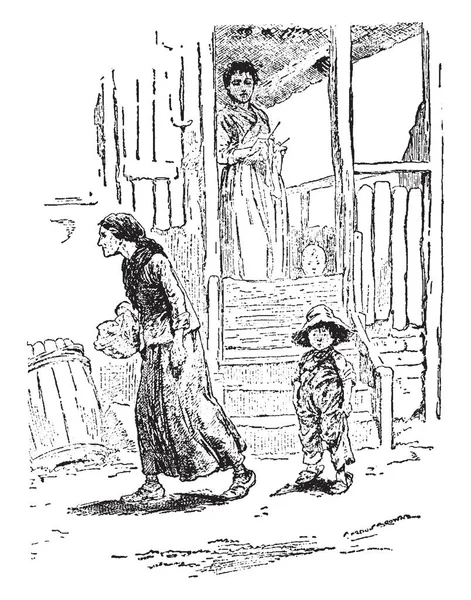 ビンテージ ライン描画 離れて歩く別の女性と彼女の子供を見ているポーチに立ってやイラストを彫刻の女性 — ストックベクタ