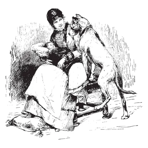Una Mujer Sosteniendo Bebé Con Perro Saltando Sobre Ellos Dibujo — Archivo Imágenes Vectoriales