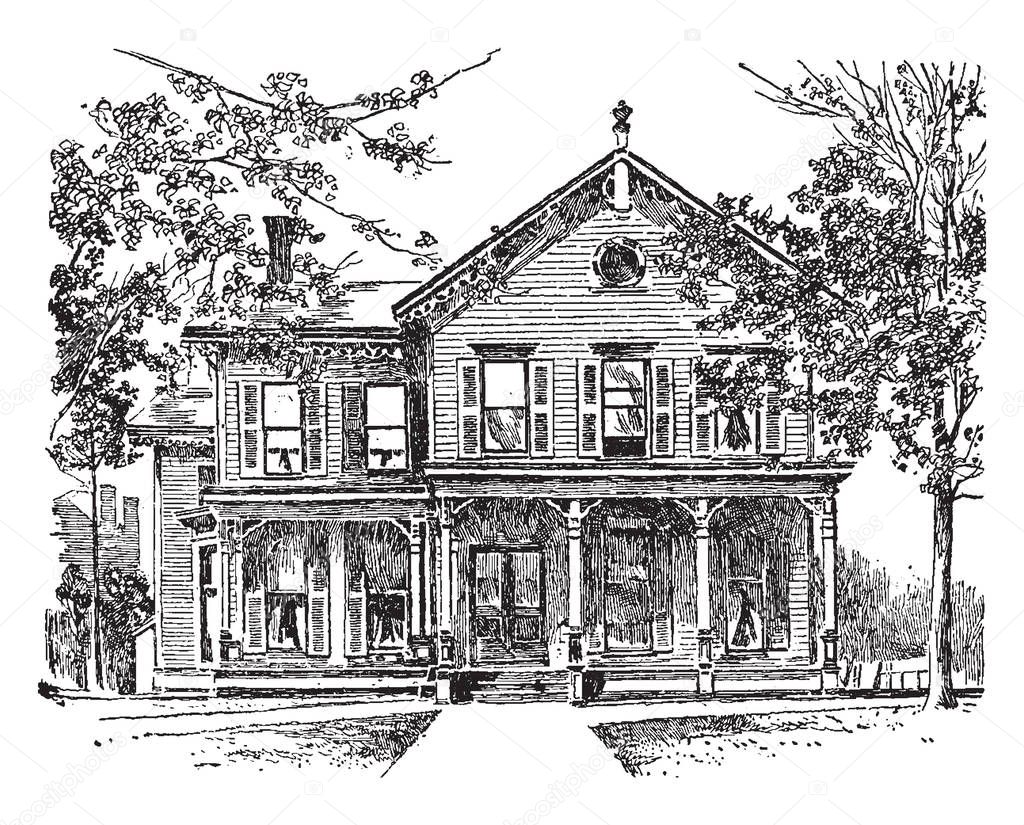 This is the home of President William McKinley in Canton, Ohio. This is a very old house, has lots of windows & a door, vintage line drawing or engraving illustration.