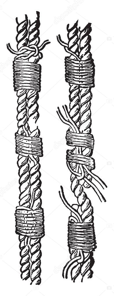 Seizing is a class of knots used to bind two parts of the same rope or to another object, vintage line drawing or engraving illustration.