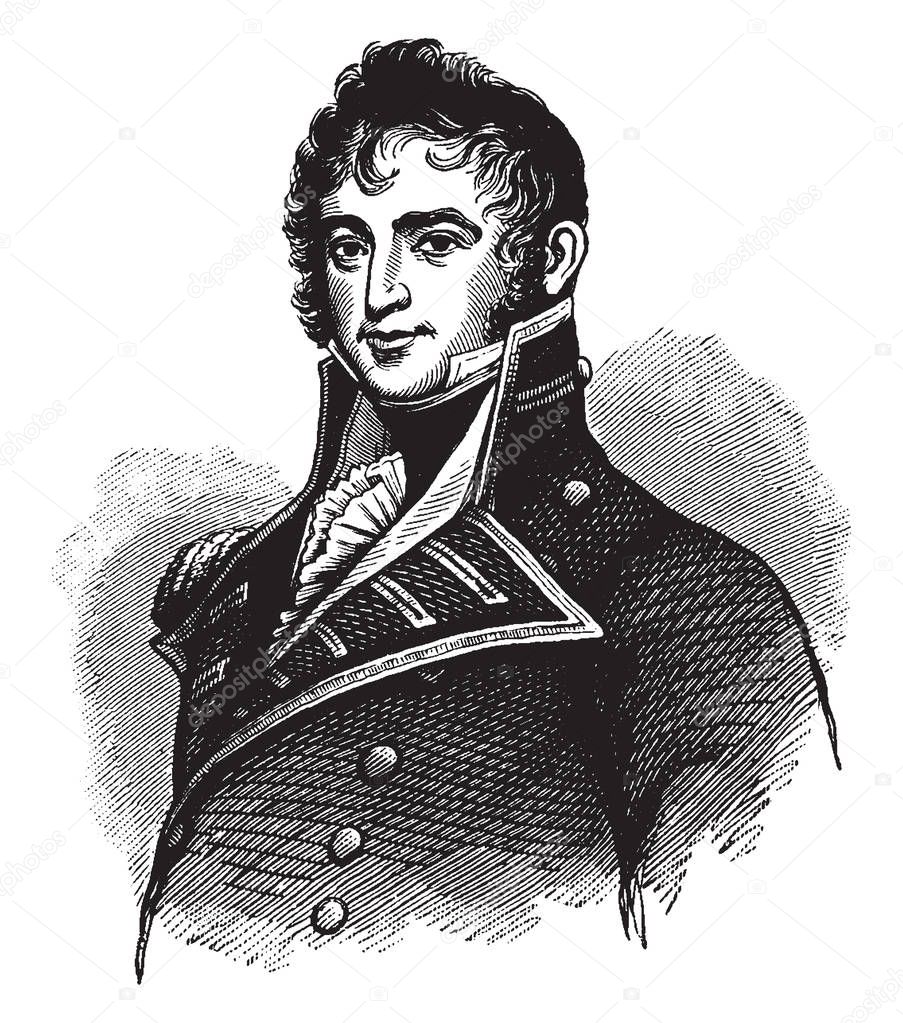 James Lawrence, 1781-1813, he was an American naval officer, vintage line drawing or engraving illustration