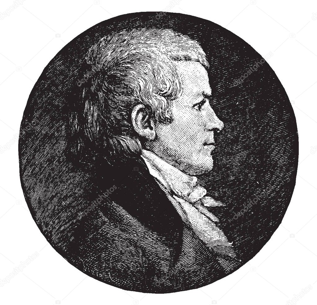 James Duane, 1733-1797, he was an American lawyer, jurist, revolutionary leader from New York, New York state senator, mayor of New York City, and U.S. District Judge, vintage line drawing or engraving illustration