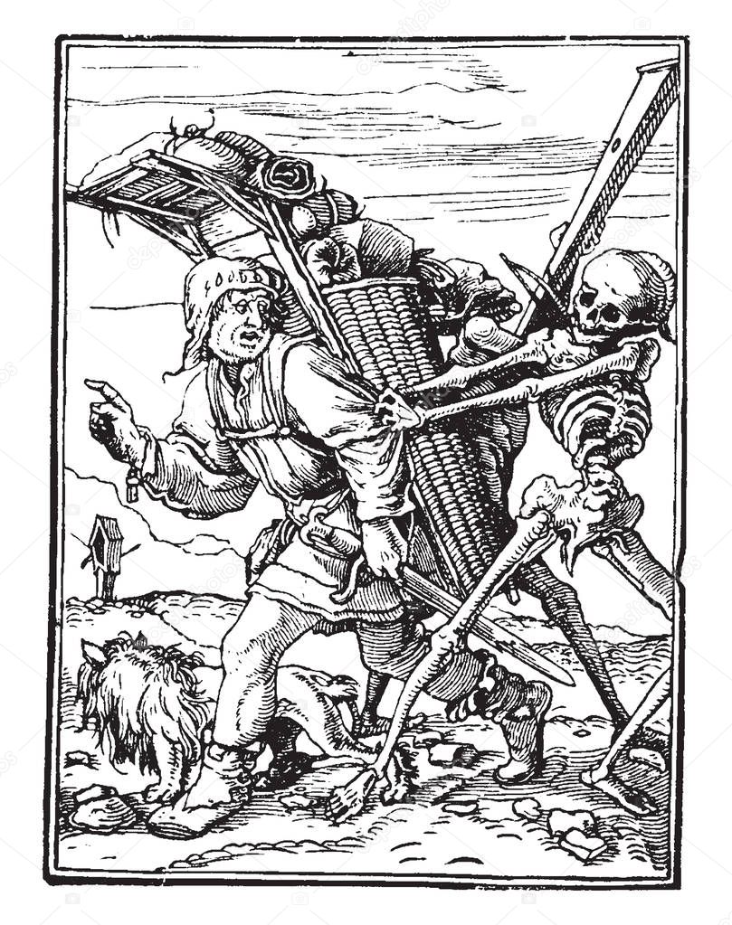 Dance of Death, The Pedlar from Hans Holbein's series of engravings, vintage line drawing or engraving illustration.