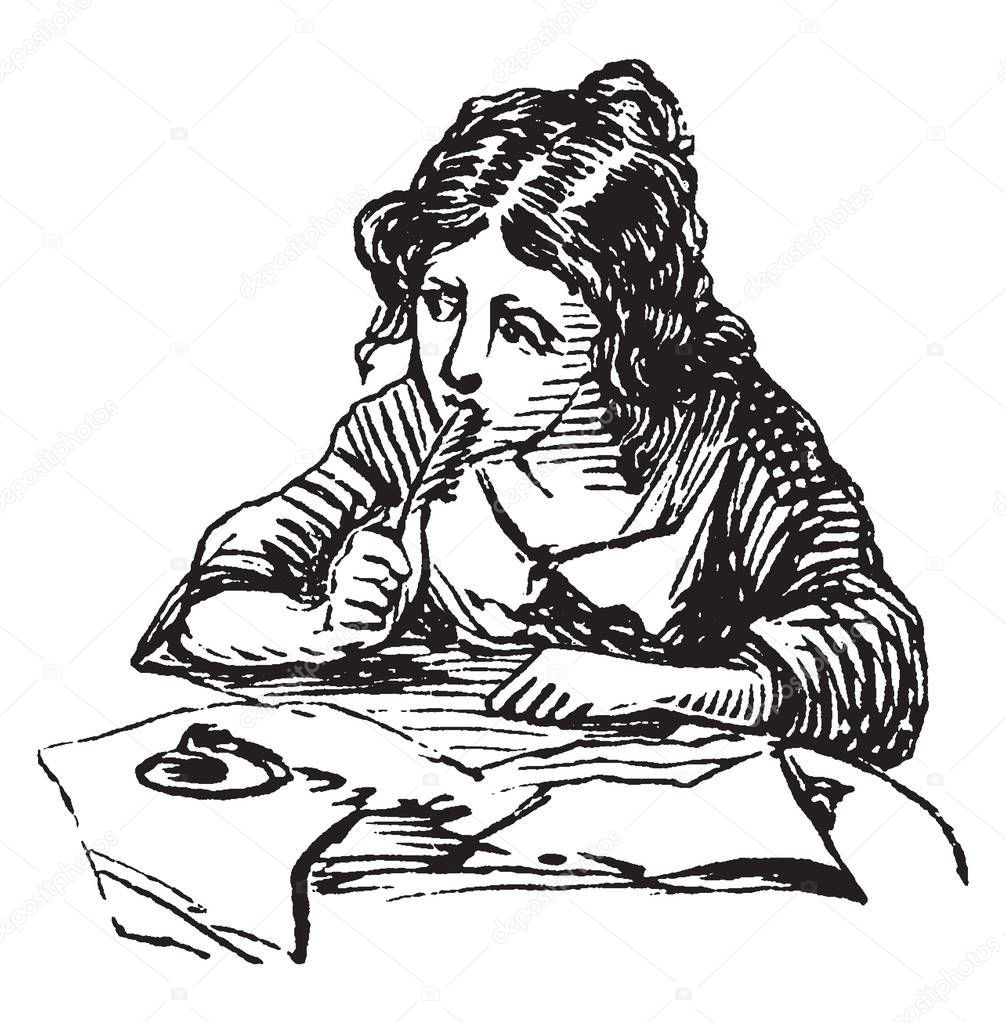 Girl Writing or pen rested against her face, Diary, women writers, vintage line drawing or engraving illustration.
