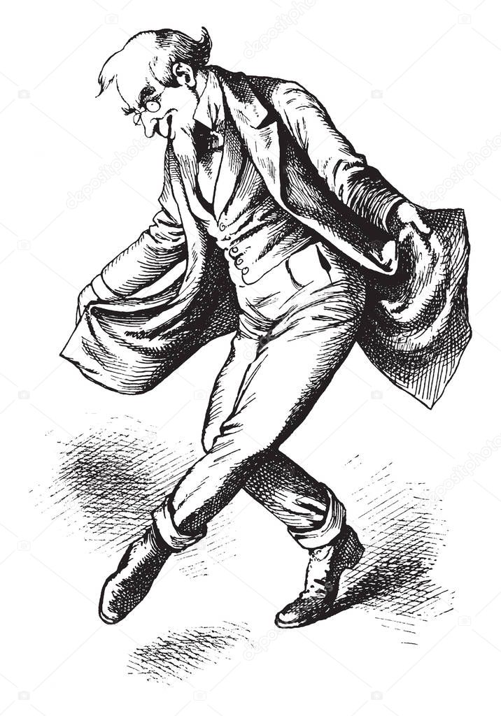 Man Dancing in his honor in body shamed and bullied for dancing in public with its own back by partying with celebrities, vintage line drawing or engraving illustration.