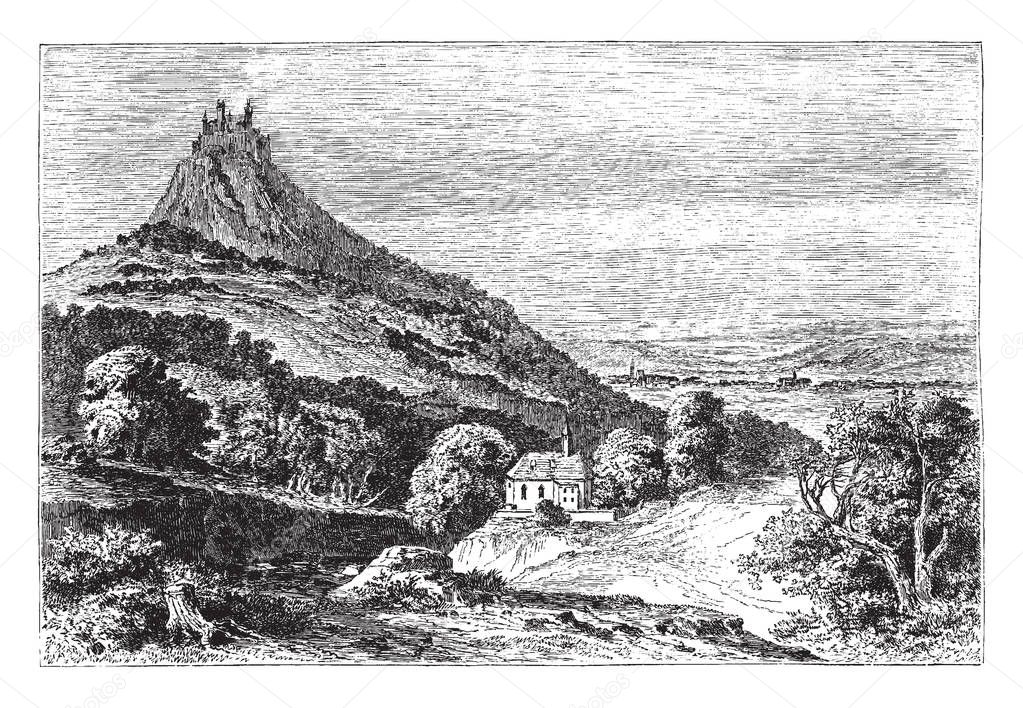 Castle of Hohenzollern is the third castle constructed on the sit, vintage line drawing or engraving illustration.