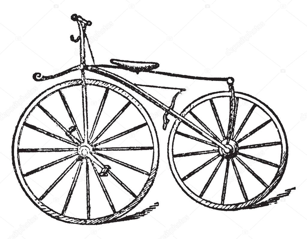 Boneshaker Bicycle is a name used from about 1869 up to the present time to refer to the first type of true bicycle with pedals, vintage line drawing or engraving illustration.
