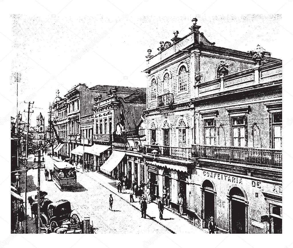 Sao Paulo is the largest city in Brazil, vintage line drawing or engraving illustration.