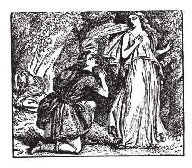 Lysander ve Elena, bu sahneyi yakın ağaç ve onun önünde diz, arka plan, vintage çizgi çizme veya oyma resimde başka bir kadın üzerinde oturan bir adam bir kadın ayakta gösterir