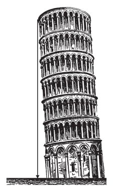 Leaning Tower tower, duran çan kulesi, İtalyan şehir Pisa, vintage çizgi çizme veya oyma illüstrasyon katedral tepesinden çizilmiş bir dik ile.