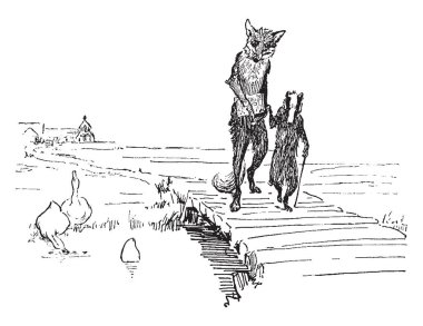 Kitap ve birlikte köprü ve su, vintage çizgi çizme veya oyma illüstrasyon kuşlar üzerinde yürüyen porsuk tutan fox