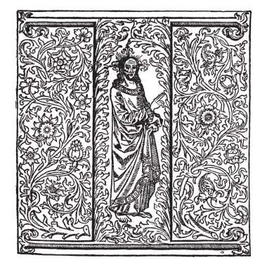 Üzüm ve çiçek, vintage çizgi çizme veya oyma illüstrasyon tarafından çevrili bir adam