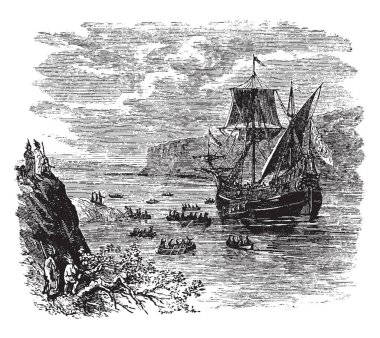 Henry Hudson bir İngiliz deniz explorer ve navigator, vintage çizgi çizme veya oyma resimde olan geminin.
