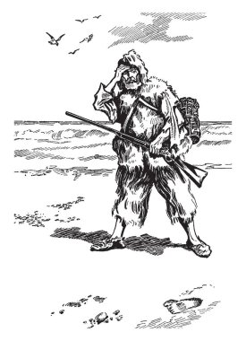 Robinson Crusoe at the water, this scene shows an old man with gun, standing on sea shore, vintage line drawing or engraving illustration clipart