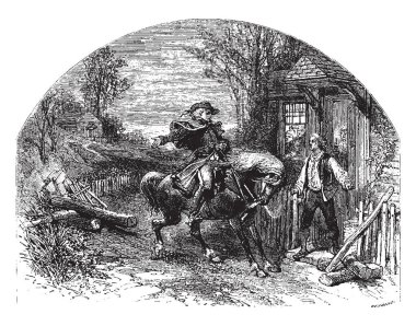 Charlestown, Medford ve İngiliz savaş, vintage çizgi çizme veya oyma illüstrasyon için gelmişti vatandaşları uyarmaya Lexington, ile Paul Revere'nın yolculuk.
