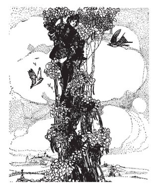 Jack ve Beanstalk, ağaç ve uçan kuşlar, vintage çizgi çizme veya oyma illüstrasyon kök üzerinde duran bir çocuk bu sahne gösterir