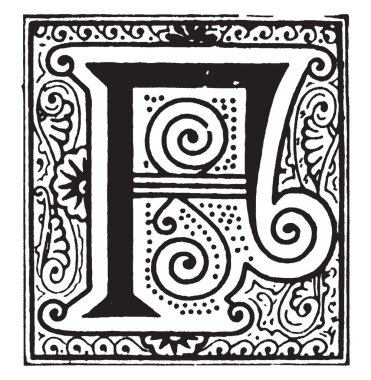 Bir süs ve dekoratif büyük harf F, vintage çizgi çizme veya oyma illüstrasyon