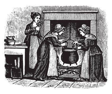 Üç kadın birlikte şömine, vintage çizgi çizme veya oyma illüstrasyon yemek