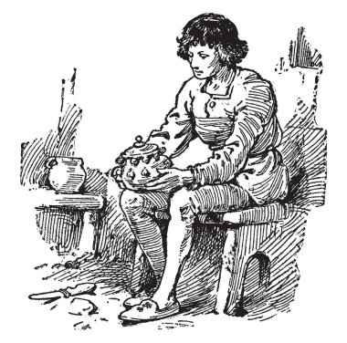 Prens, bu sahneyi sandalyede oturan ve eller, vintage çizgi çizme ve gravür illüstrasyon kaba tutan genç bir çocuk gösterir.