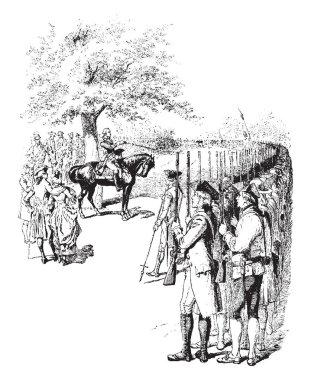 George Washington savaş, vintage çizgi çizme veya oyma illüstrasyon için hazır onları almak için Amerikan ordu komutanı.