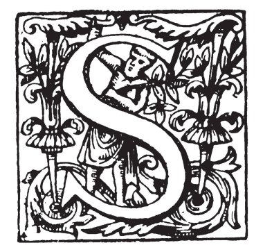 Bir süs ve dekoratif harf S, vintage çizgi çizme veya oyma illüstrasyon