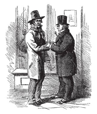 İki adam tokalaşırken, vintage çizgi çizim veya illüstrasyon oyma