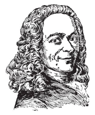 Voltaire (Francois Marie Abouet), 1694-1778, he was a French Enlightenment writer, historian, and philosopher, vintage line drawing or engraving illustration clipart