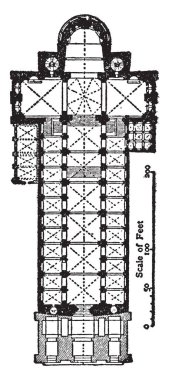 Katedral Kulesi, 10301061, Lombard, planı veya Bizans Mimarisi, Kaiserdom zu Speyer, vintage tarzı çizgi çizim veya gravür illüstrasyon.