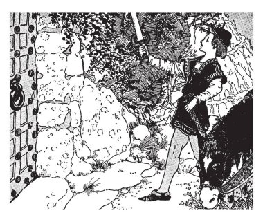 Kılıç ve onu, vintage çizgi çizme veya oyma illüstrasyon yakınındaki at ayakta tutan bir çocuk