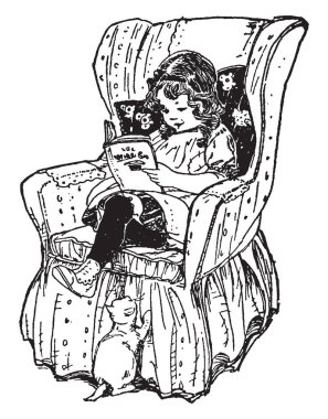 Kız okuma kitapta sandalye, çocuk, Erkek, çocuk, çalışma, çalışma, vintage çizgi çizme veya oyma illüstrasyon.