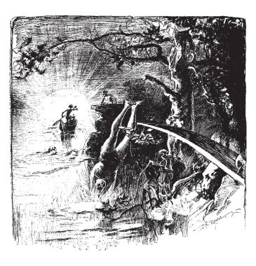 Nehrin içinde vintage bir Kano, iki erkek nehir ve birisi bir uçurum Nehri yakınında seyir yüzme hareketli bir adam çizgi çizim veya illüstrasyon oyma bir sahne.