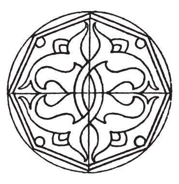 Arap yıldız şekli bir simetrik tasarım, vintage çizgi çizme veya oyma illüstrasyon paneldir.