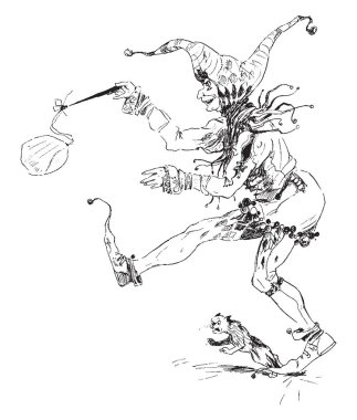 Tek ayak üstünde duran ve onun ayak, vintage çizgi çizme veya oyma illüstrasyon yakınındaki küçük bir hayvan sıçrayan bir Joker bir resmi vardır.