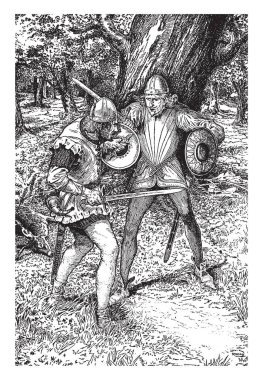 Will Gamewell, bu sahneyi iki asker kılıç ve kalkan, vintage çizgi çizme veya oyma illüstrasyon ile mücadele gösterir.